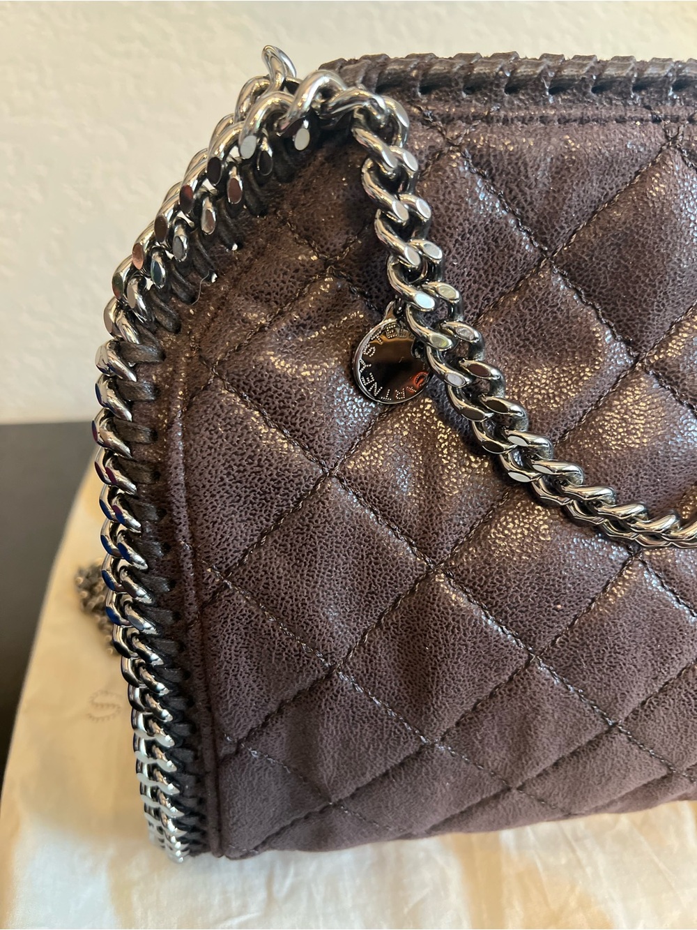 Stella McCartney Quilted Dark Brown Crossbody with Silver Chain Falabella Shaggy - Picture 3 of 4
